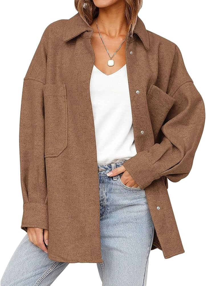 Women's 2024 Fall Oversized Long Sleeve Shacket Jacket Casual Loose Button Down Wool Blend Blouse... | Amazon (US)