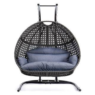 Black Wicker Patio Swing Double-Seat Swing Chair with Stand with Dust Blue Cushion | The Home Depot