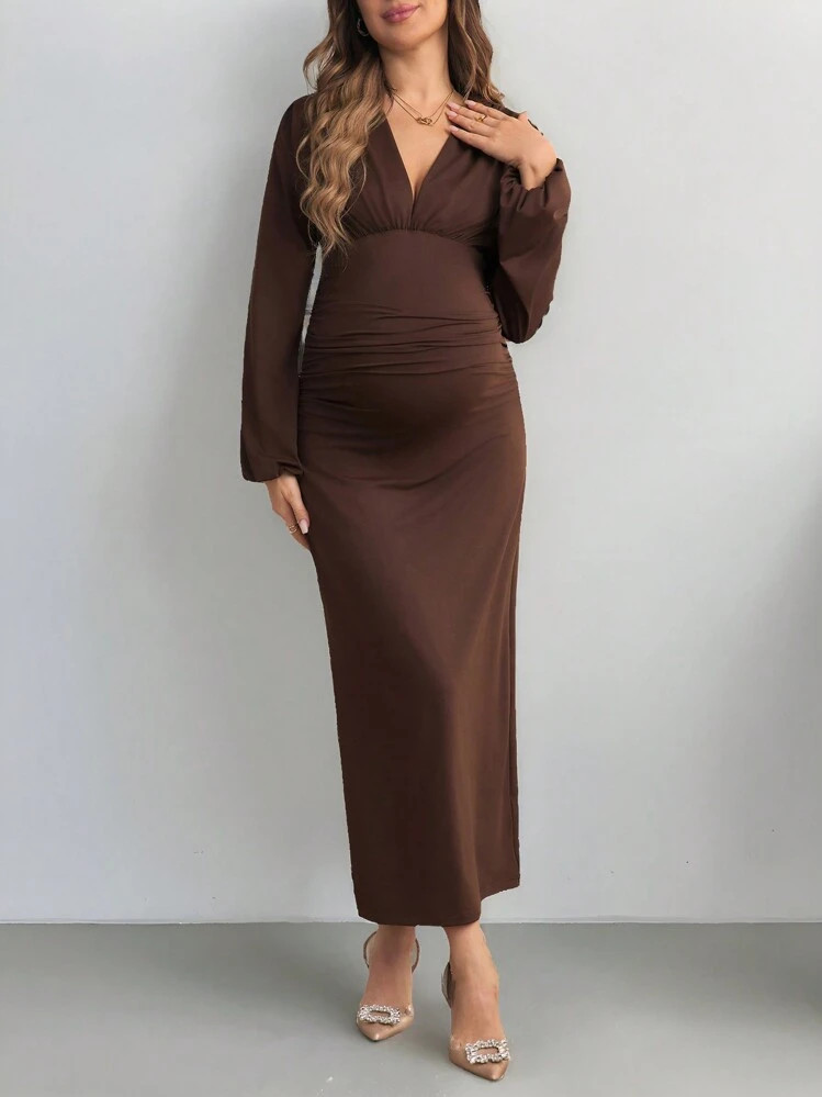 SHEIN MaterniChic Maternity  Baby Shower Women's Dress With Sleeves Solid Color V-Neck Pleated Dr... | SHEIN