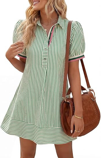 Wenrine Womens Summer Striped Mini Dresses Puff Short Sleeve Loose Fit Casual Button Collared Shi... | Amazon (US)
