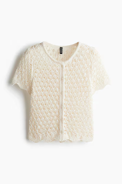 H & M - Short-Sleeved Hole-Knit Cardigan - White | H&M (US + CA)