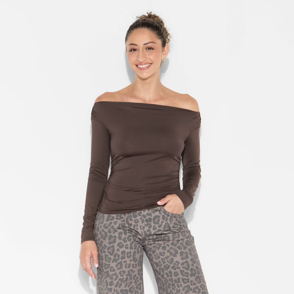 Women's Long Sleeve Synthetic Off the Shoulder Party Top - Wild Fable™ Burgundy L | Target