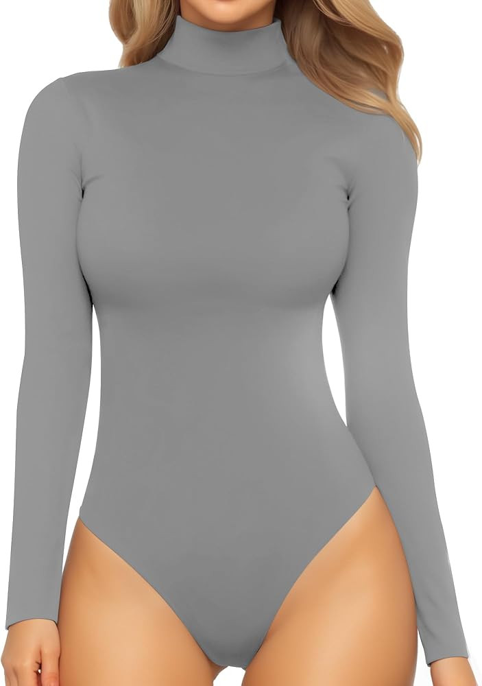 MANGOPOP Women's Mock Turtle Neck Long Sleeve Tops Bodysuit Jumpsuit | Amazon (US)