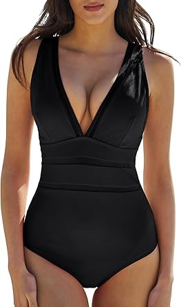 QINSEN Women's One Piece Swimsuit Mesh V Neck Tummy Control Bathing Suit High Waisted Slimming Re... | Amazon (US)