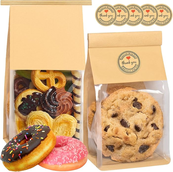 100 Pack Cookie Bags with Seal, 8.2x3.9x3.1 Inch Tin Tie Tab Lock Bakery Bags with Window Reseala... | Amazon (US)