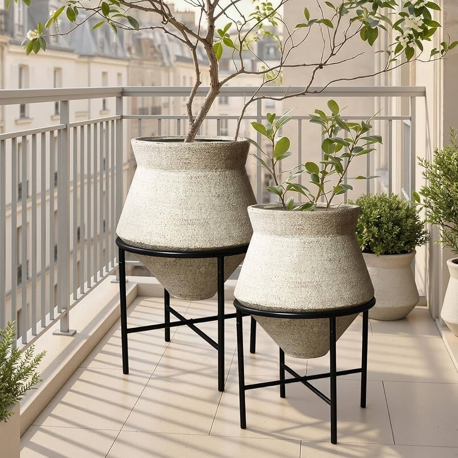 2PCS Metal Cachepot Planter Set with Black Stand, Rustic Beige | Amazon (US)