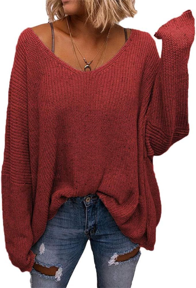 Delou Women's V Neck Long Sleeve Knit Batwing Sleeve Loose Oversized Pullover Sweater | Amazon (US)