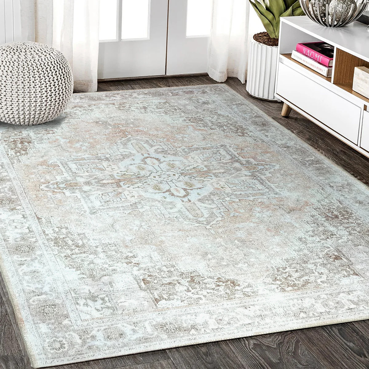 Doria Distressed Persian Heriz Muted Brown Beige Rug | Fame Rugs