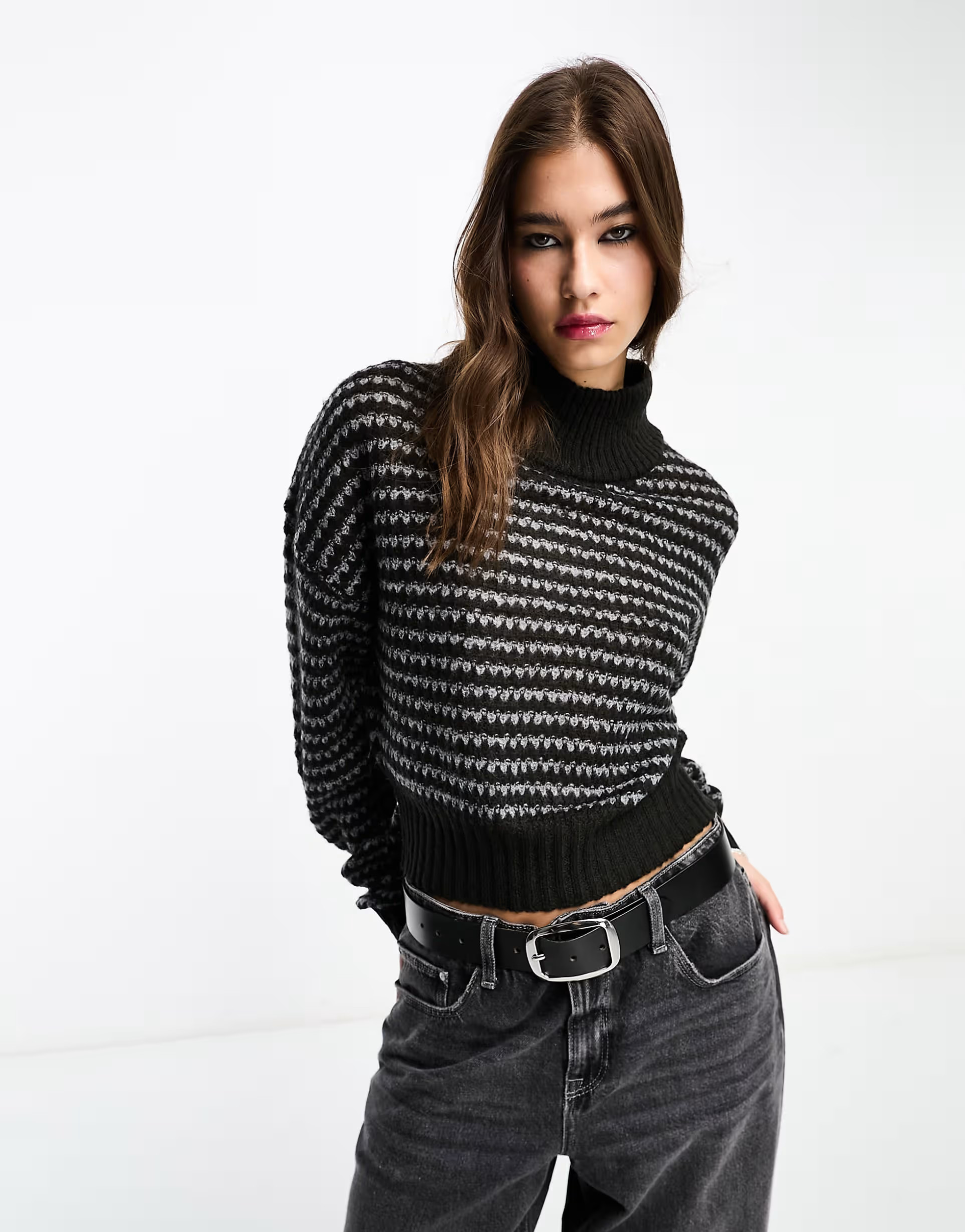 Noisy May high neck fluffy jumper in black & grey stripe | ASOS (Global)