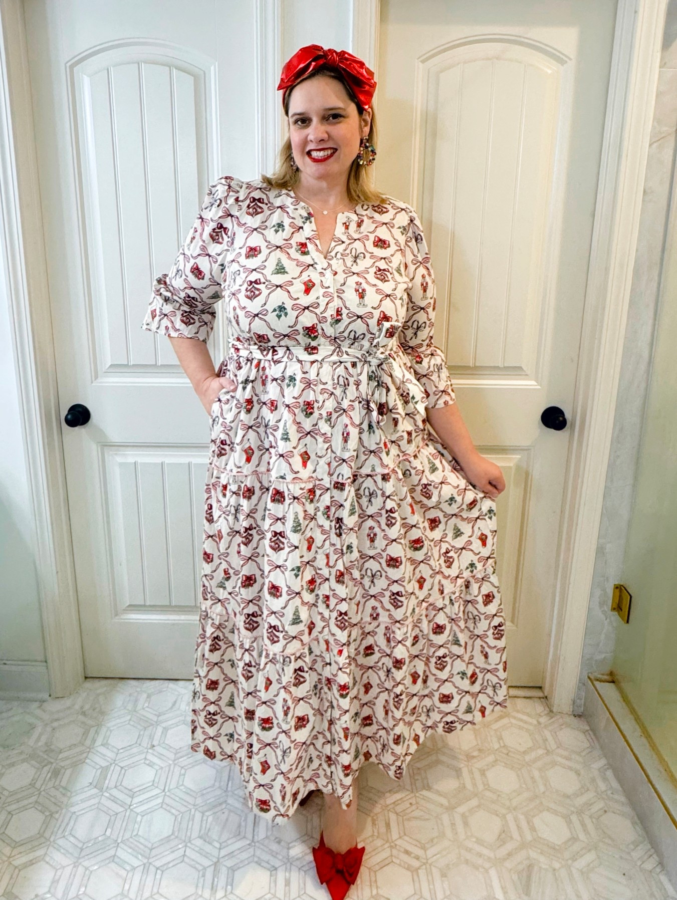 This bow lattice print is such a beauty! Also comes in a fun peplum top. This one runs a little small in the bust but generous everywhere else. I am wearing an xxl 

#LTKSaleAlert #LTKMidsize #LTKHoliday