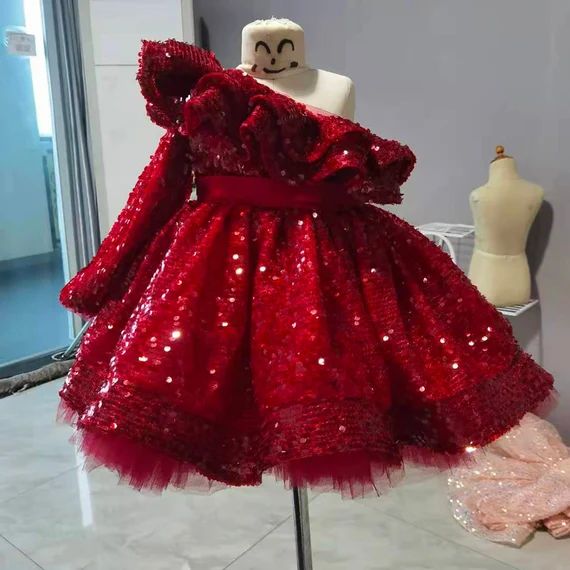 Christmas red Baby Girls gift Sequins Princess flower one shoulder Party tutu Kids Dresses for Gi... | Etsy (US)