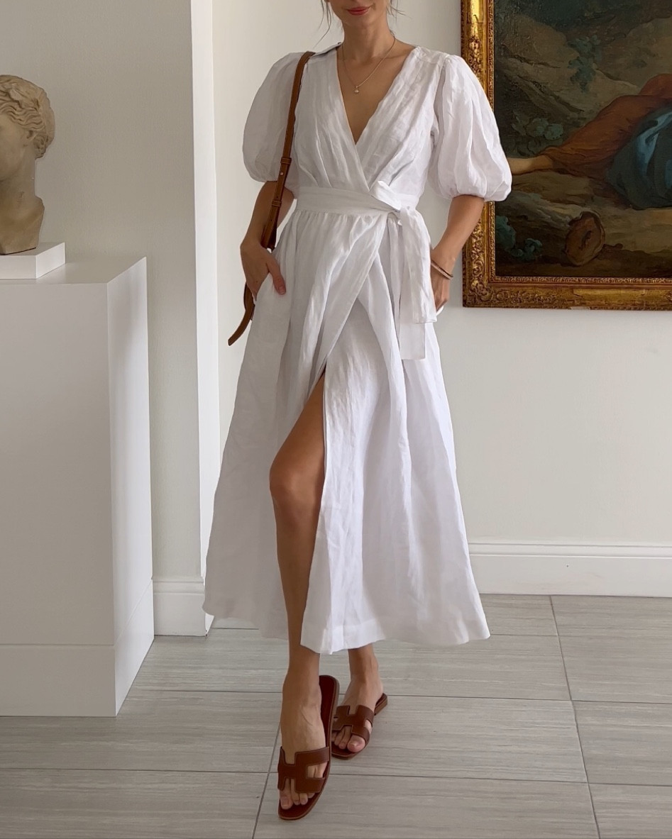 Amalie The Label - Franc Linen Puff Sleeve Wrap Midi Dress in