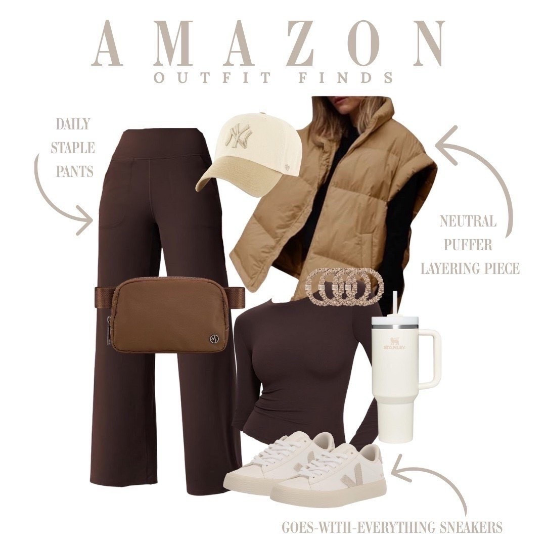 One of my most loved neutral outfit collages featuring chocolate brown pieces and Lululemon-inspired finds from Amazon.