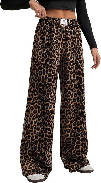 Women's Leopard Print Wide Leg Pants Patched Elastic Waist Casual Loose Trousers | Amazon (US)