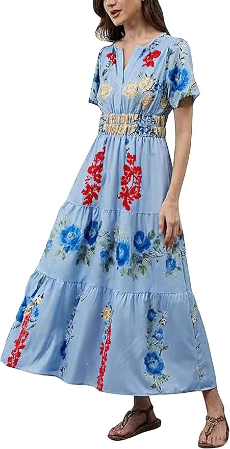 Women's Summer Boho Maxi Dresses Floral V Neck Tiered Short Sleeve Long Dress Flowy Beach Vacatio... | Amazon (US)
