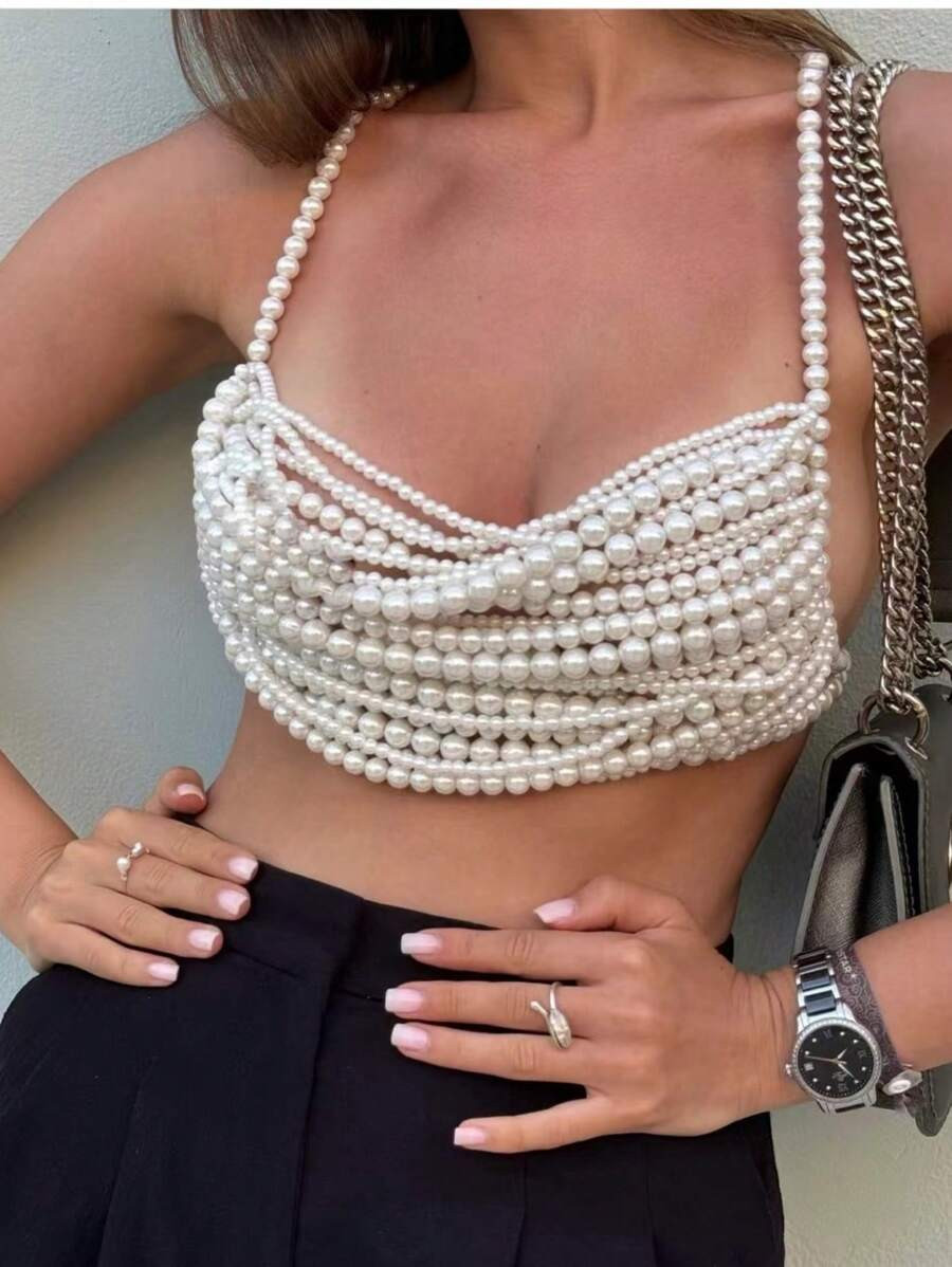 1Pc High Quality Luxury Layered Pearl Women's Camisole Top Hand Knotted Fashion Sexy Pearl Body C... | SHEIN