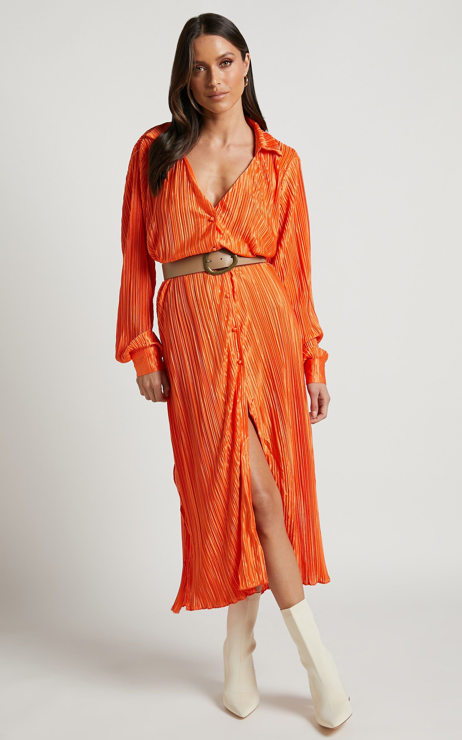Donelli Plisse Oversized Collared Shirt Midi Dress in Orange | Showpo (US, UK & Europe)