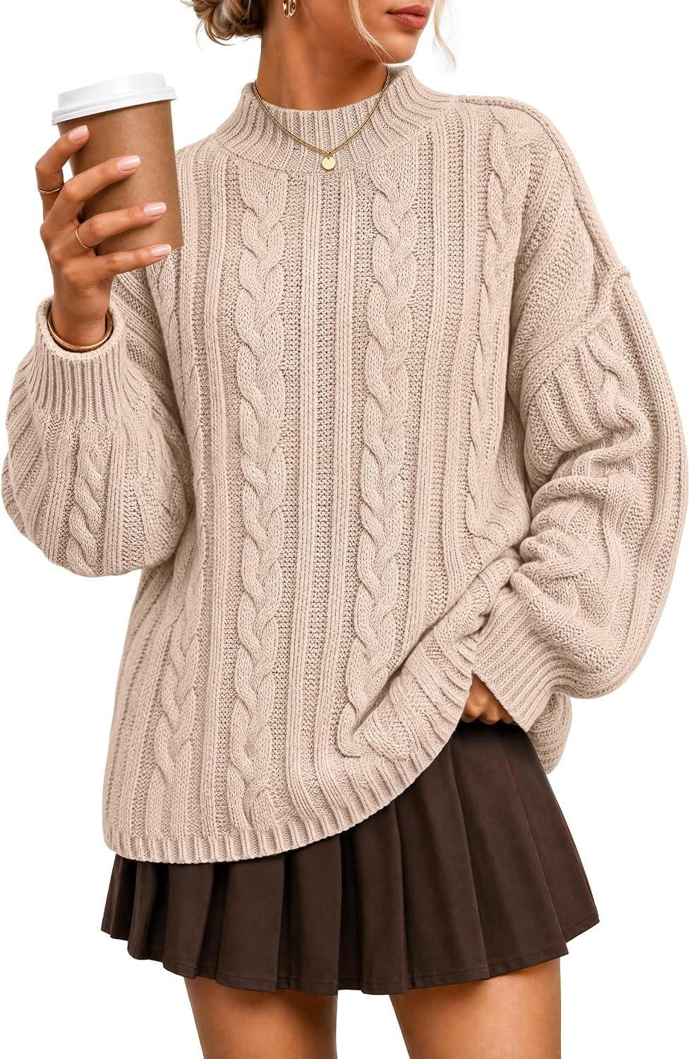 ZESICA Women's Fall Sweaters Oversized Mock Neck Cable Knit Outfits | Amazon (US)