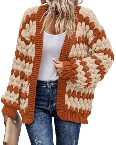 KIRUNDO Womens Cardigan Fall Fashion Lantern Sleeve Open Front Striped Color Block Loose Cable Kn... | Amazon (US)