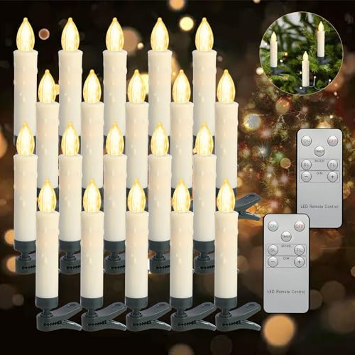 Kuandawei LED Christmas Candles, Flickering Clip on Candles for Christmas Tree, Battery Operated with Remote Timer, Warm White Light, Flameless Taper Candle for Home Christmas Decor, Set of 20 | Amazon (US)