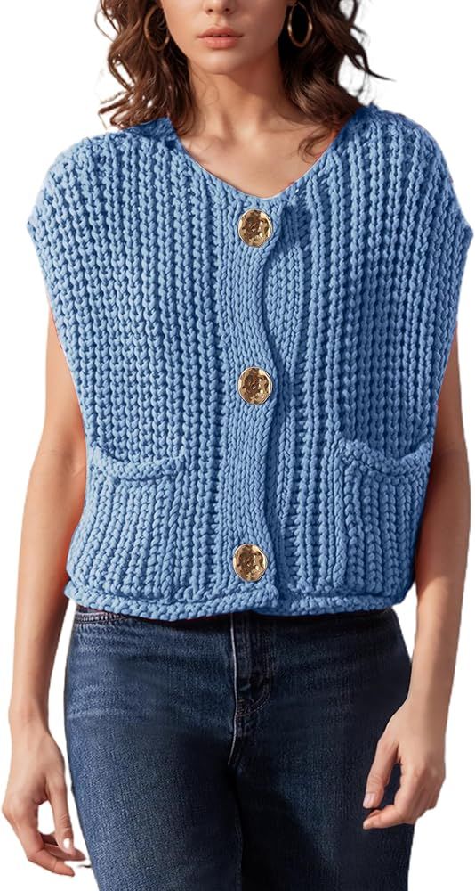 Womens Casual Chunky Knit Vest Gold Button Down Crop Crochet Sleeveless Sweater Vest | Amazon (US)