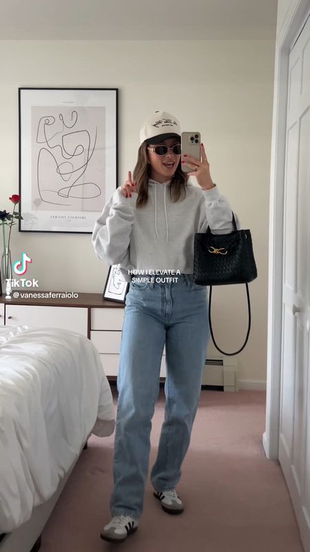 4/19/24 Casual everyday outfit 🫶🏼 Levi jeans, Levi baggy jeans, oversized hoodie, grey hoodie, grey oversized hoodie, casual outfit ideas, casual outfit inspo, adidas samba sneakers, adidas samba outfits, trucker hat, trucker hat outfits 
