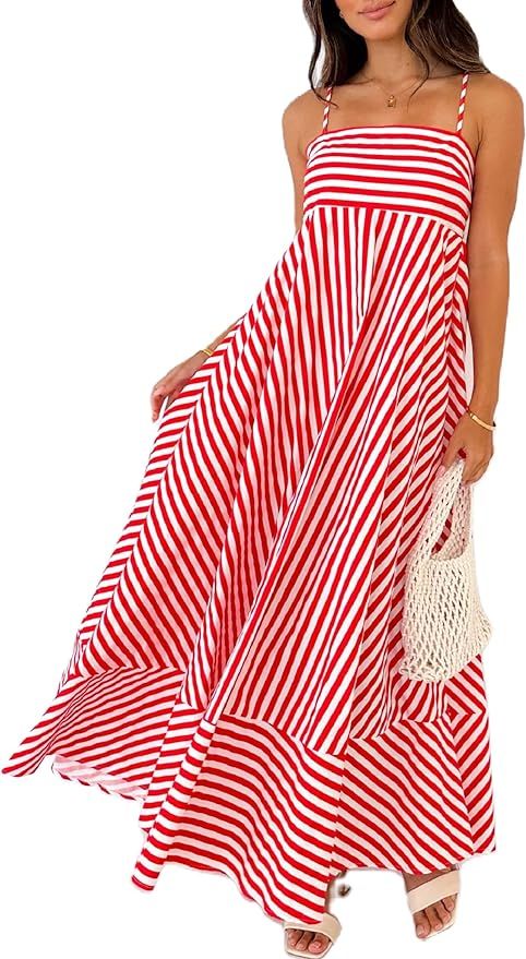 NUFIWI Women Striped Swing Maxi Dress Spaghetti Strap Backless Smocked Midi Long Dress Boho Flowy... | Amazon (US)