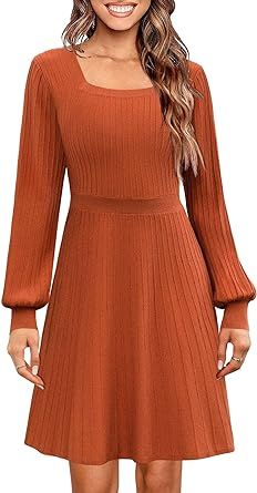 Miladusa Sweater Dress for Women Long Sleeve Square Neck Knee Length Casual Knit Babydoll Dresses... | Amazon (US)