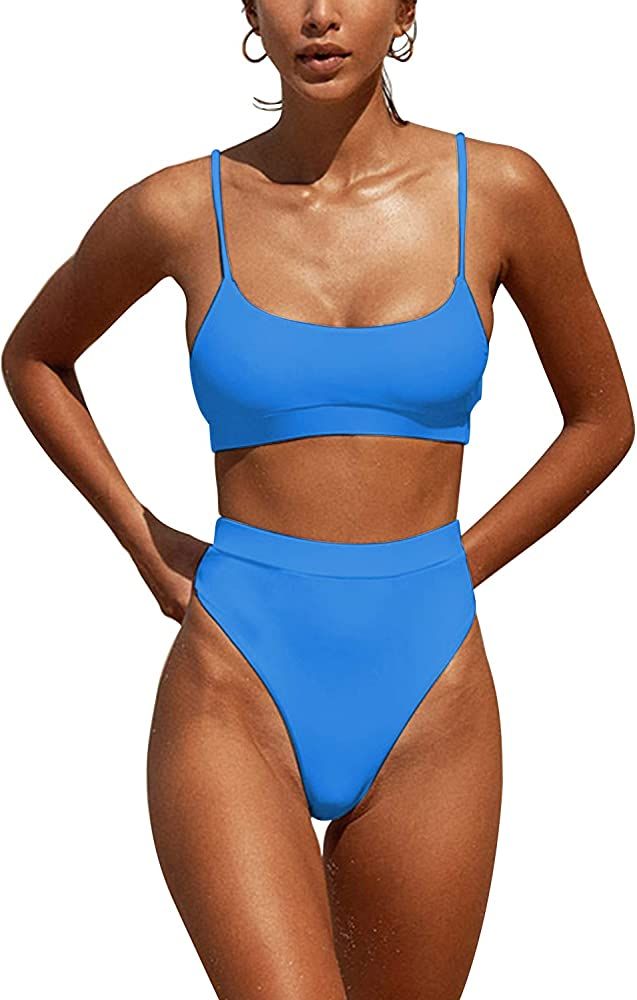 Womens High Waisted Swimsuits Bottom Padded Bathing Suits Bikini Sets Top Two Piece Swimwear | Amazon (US)