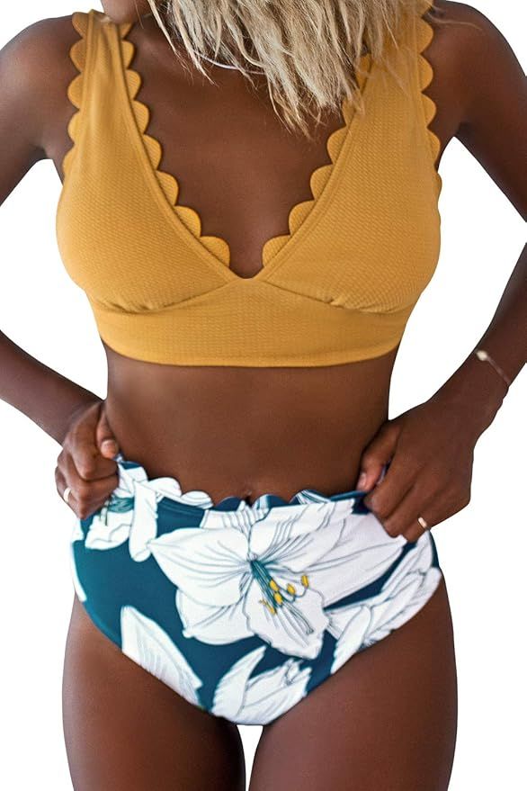CUPSHE Women's Yellow Floral High Waisted V Neck Scalloped Bikini Set | Amazon (US)