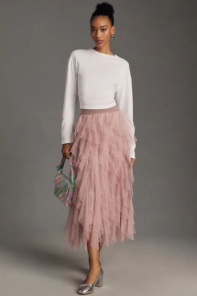 Tesia Ruffled Tulle Midi Skirt | Anthropologie (UK)