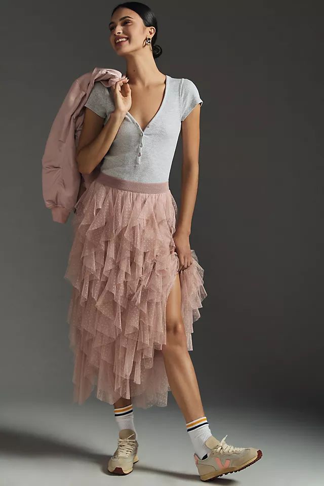 Tesia Ruffled Tulle Midi Skirt | Anthropologie (UK)