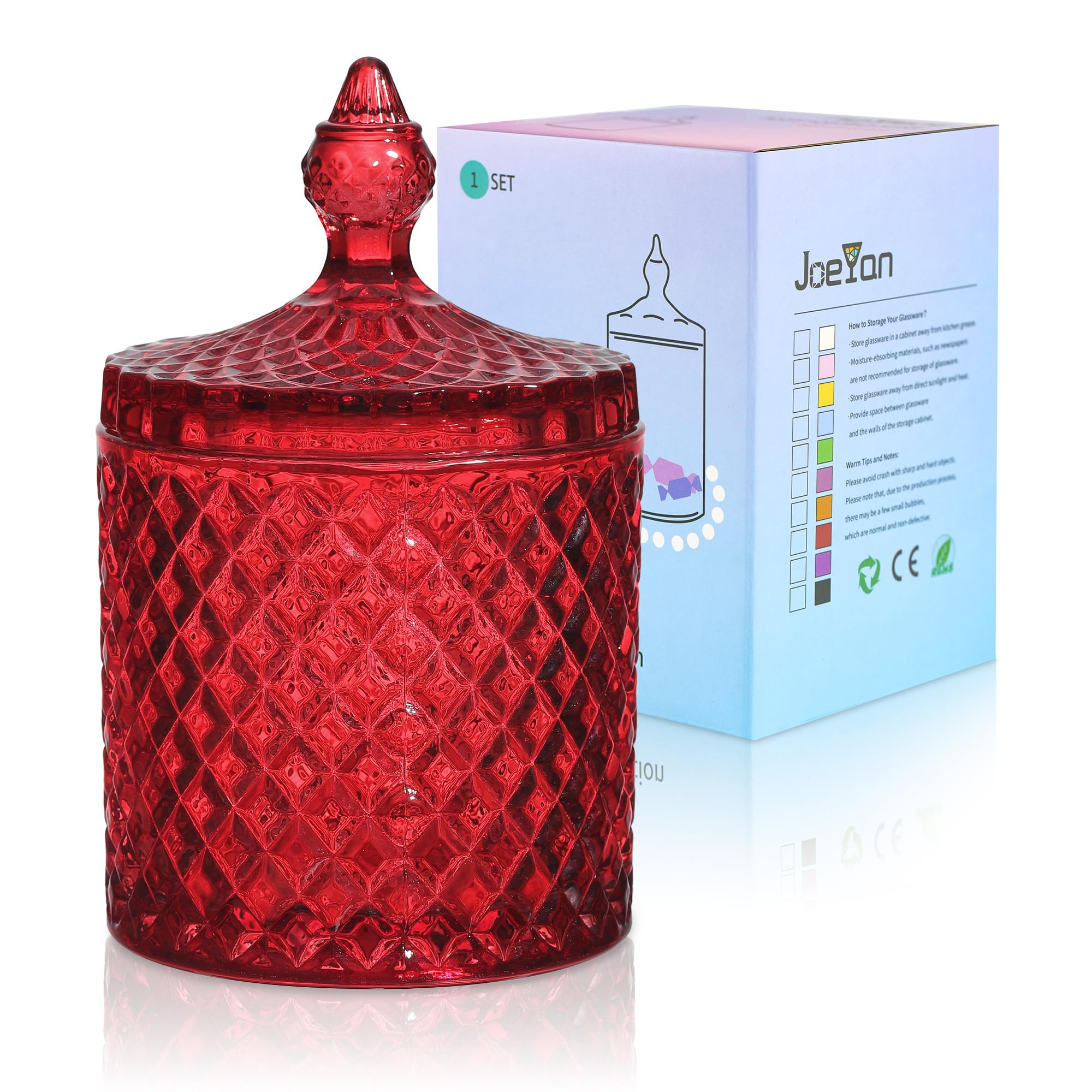 Joeyan 18 oz Red Glass Jars with Lid,Embossed Candy Dishes,Diamond Faceted Glass Food Container,D... | Amazon (US)