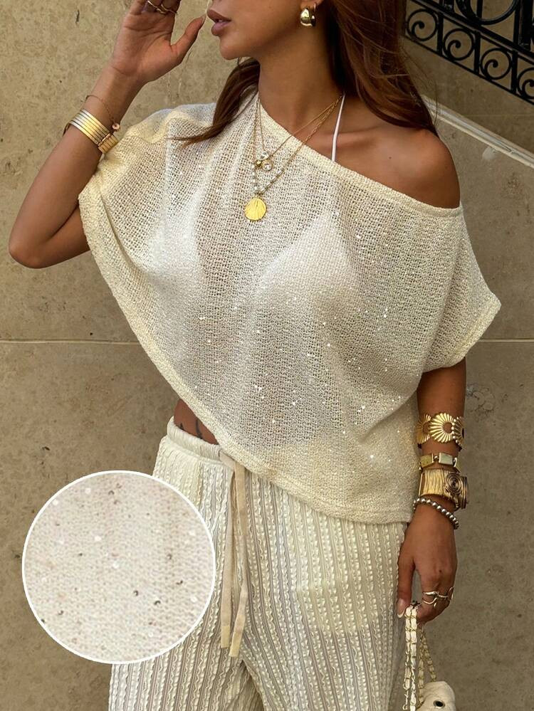 Siren Gaze Women's Elegant Shiny Sequin Sheer Knitted Off-Shoulder Batwing Sleeve Loose Top,Beige Summer Casual Holiday Vacation Party Cover Up Clothing,White | SHEIN