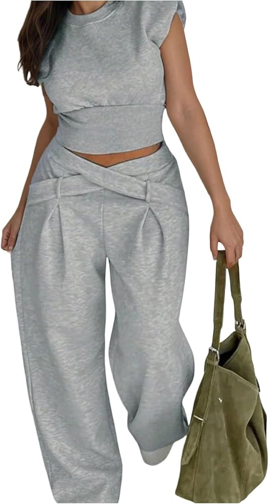 SOLY HUX Women's Summer 2 Piece Outfits Casual Cap Sleeve Crop Tops and Sweatpants Set | Amazon (US)