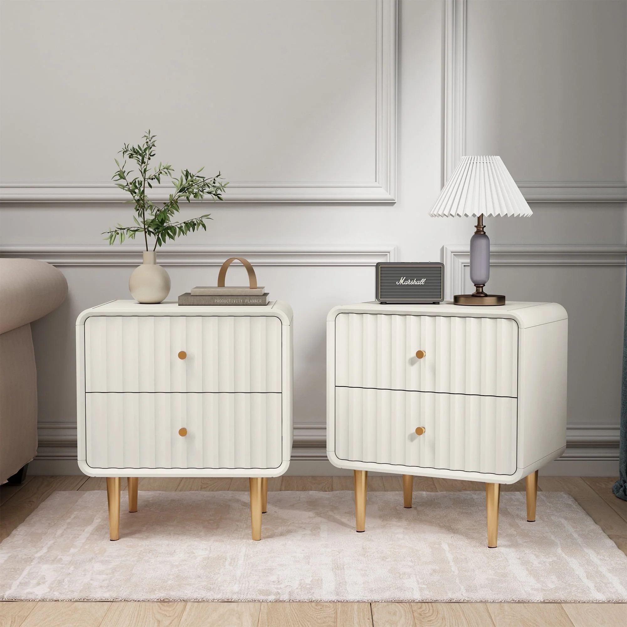 HLR  20" Modern Fluted  White Nightstand Set of 2, Wood Bedside Table with 2 Drawers & Gold Metal... | Walmart (US)