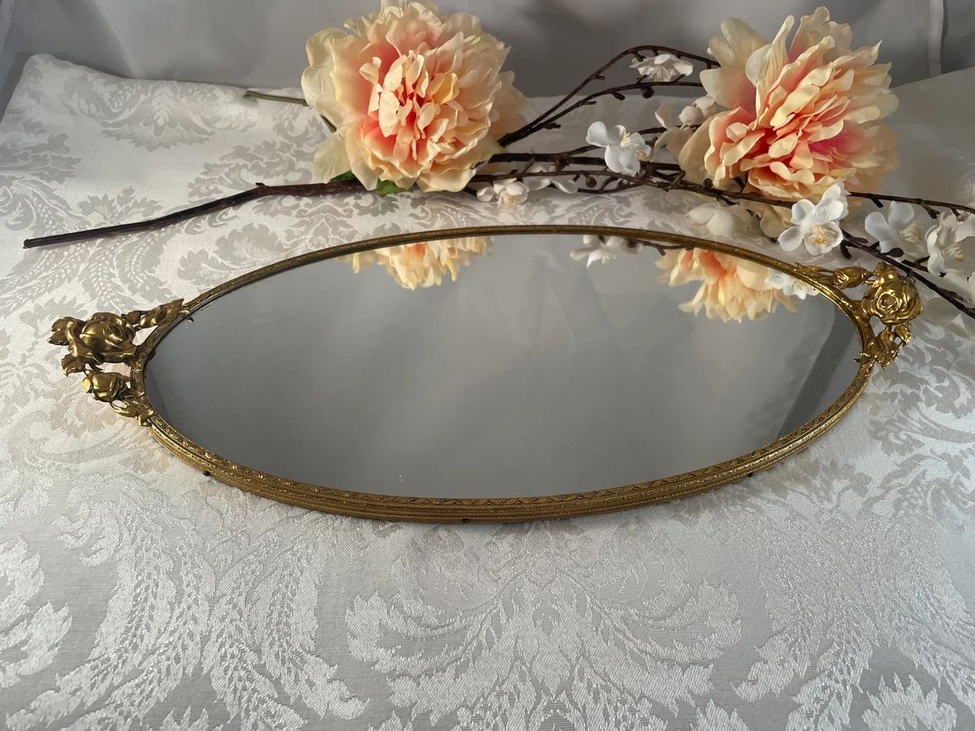 Vintage Gold Brass Vanity Perfume Mirrored Tray, Circa 1950's, Vintage Shabby Chic Mirrored Home ... | Etsy (US)