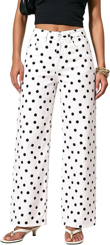Polka Dot, 90s Baggy Straight, High Rise, 29.5 Inch Inseam, Stretchy Jean Pants, Classic 5 Pocket... | Amazon (US)