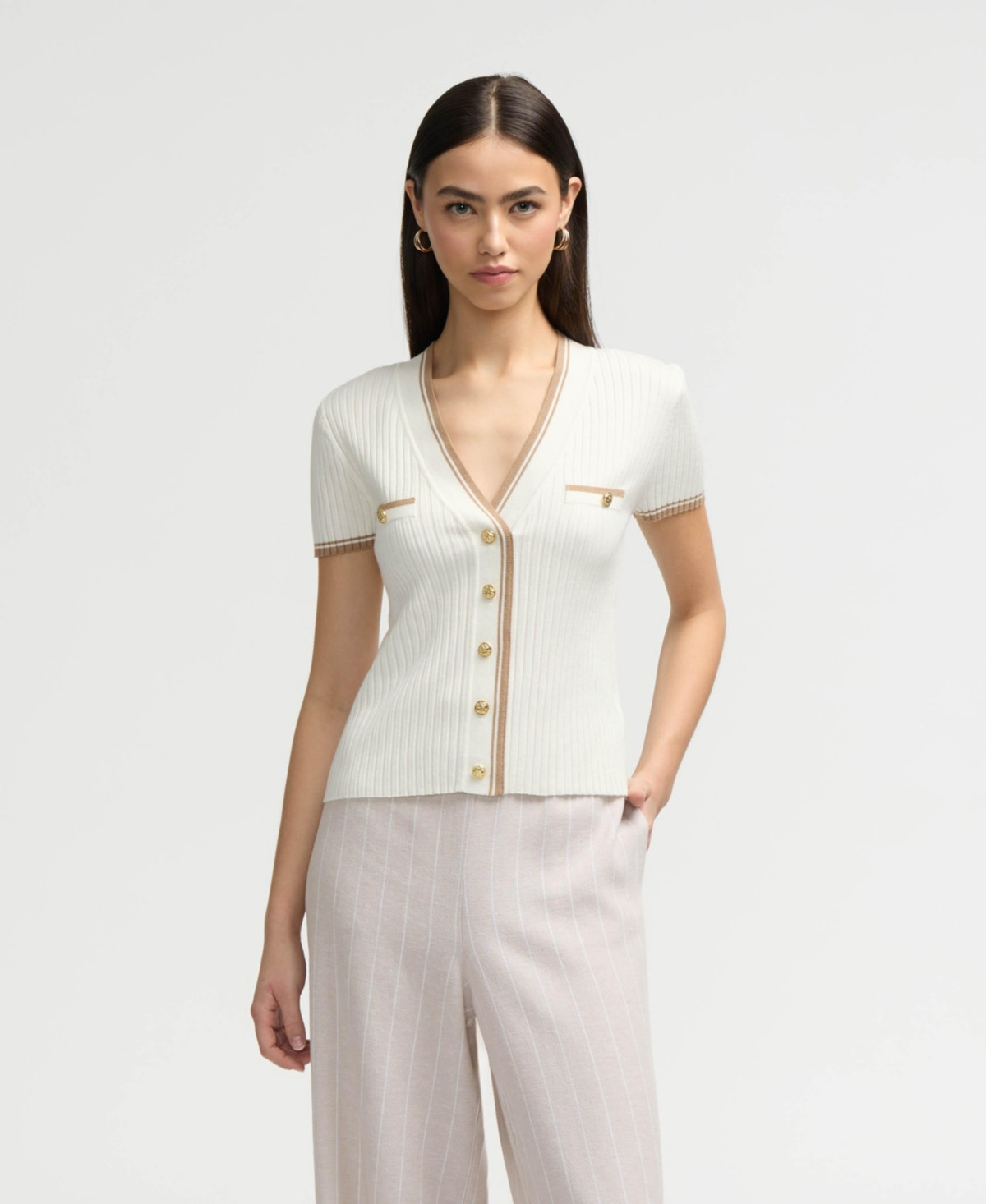 Nvlt Women's Short Sleeve Cardigan Sweater - Marshmallow/camel | Macy's