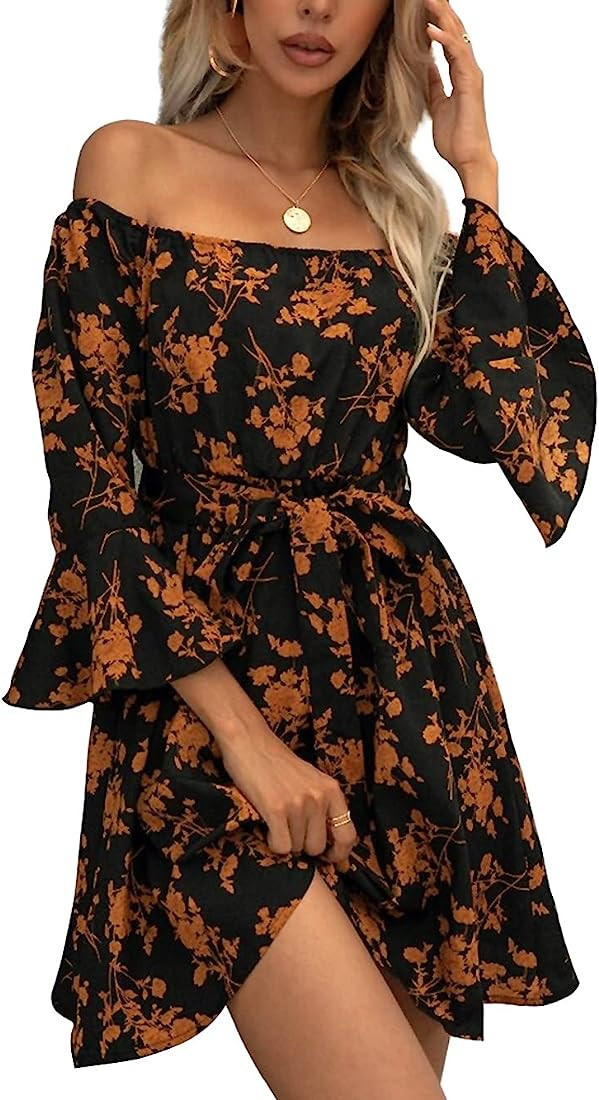 JECEIKA Womens Off Shoulder Black Floral Dress Black Ruffle Dress Orange Brown Ruffle Dress Amazon | Amazon (US)