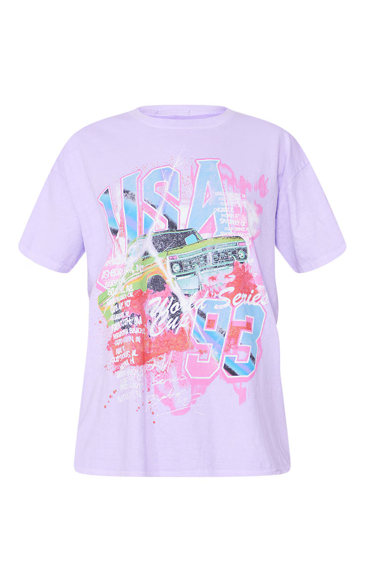 Lilac USA Car Print Washed T Shirt | PrettyLittleThing US