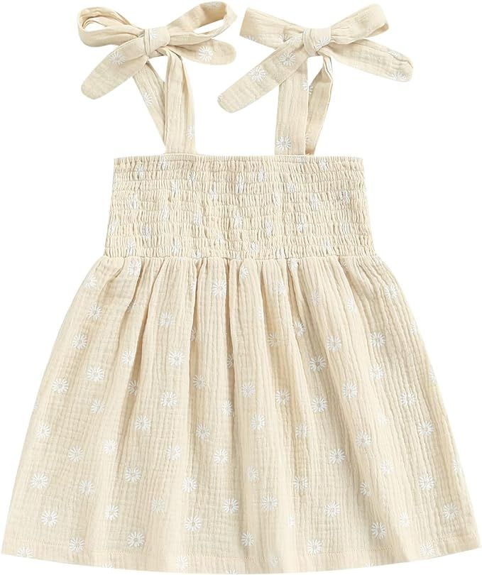Toddler Baby Girl Summer Dress – Daisy Flower Print Elastic Dress Linen Strap Dresses Summer Cl... | Amazon (US)