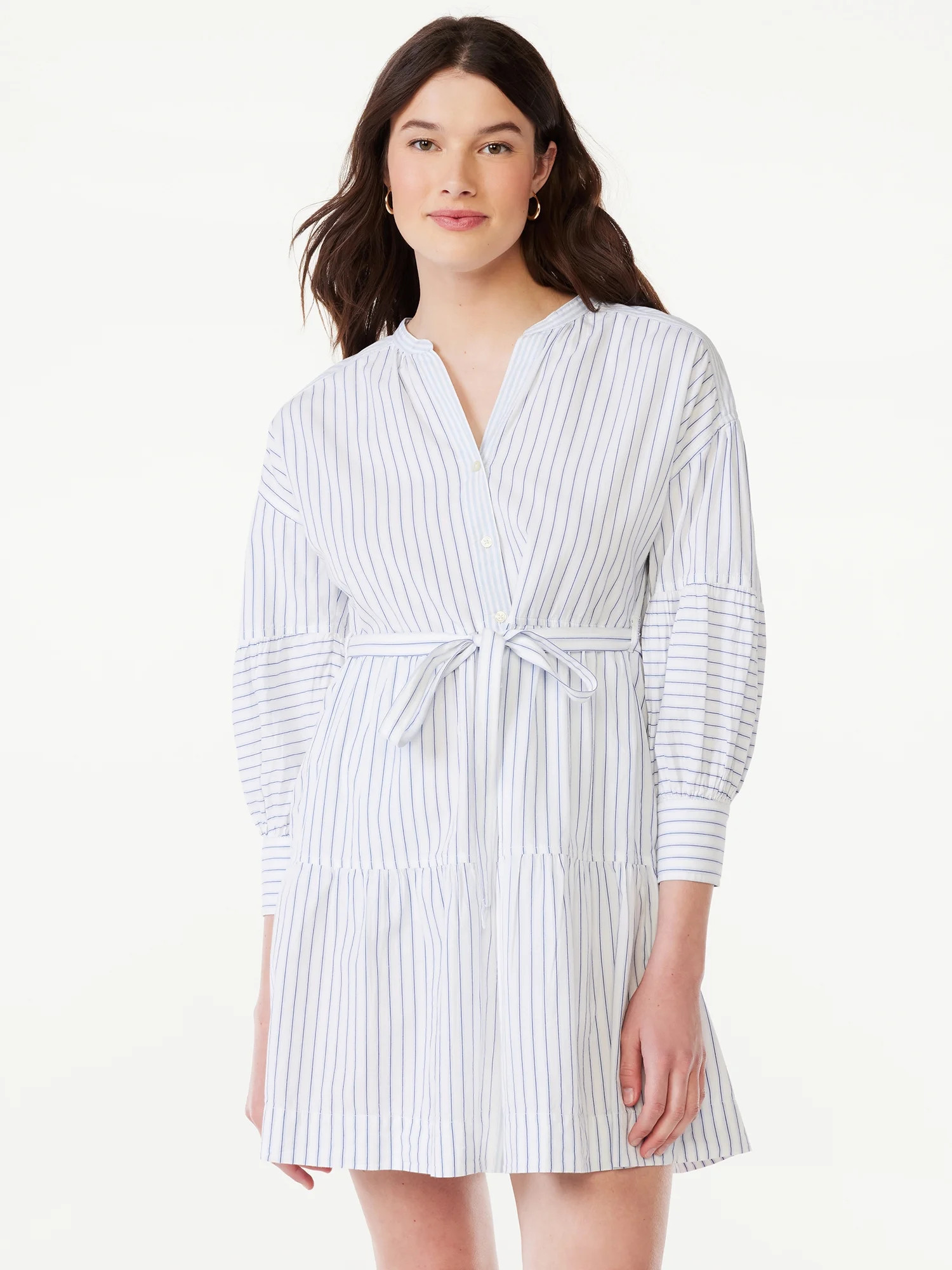 Free Assembly Women's Tiered Mini Shirt Dress with Long Sleeves, Sizes XS-XXL | Walmart (US)