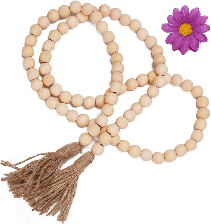 Feiccier 58in Wood Bead Garland with Tassels, Farmhouse Decor Boho Home Decor Natural Handmade Wo... | Amazon (US)