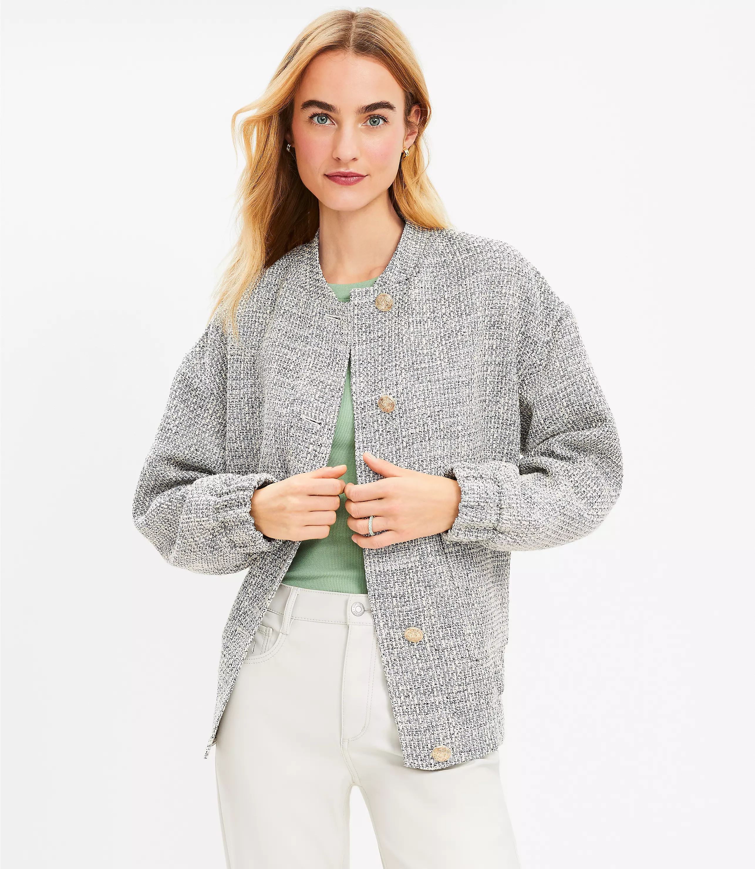 Tweed Oversized Bomber Jacket | LOFT