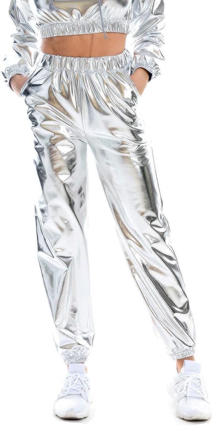 SIAEAMRG Womens Shiny Metallic High Waist Stretchy Jogger Pants, Wet Look Hip Hop Club Wear Holog... | Amazon (US)