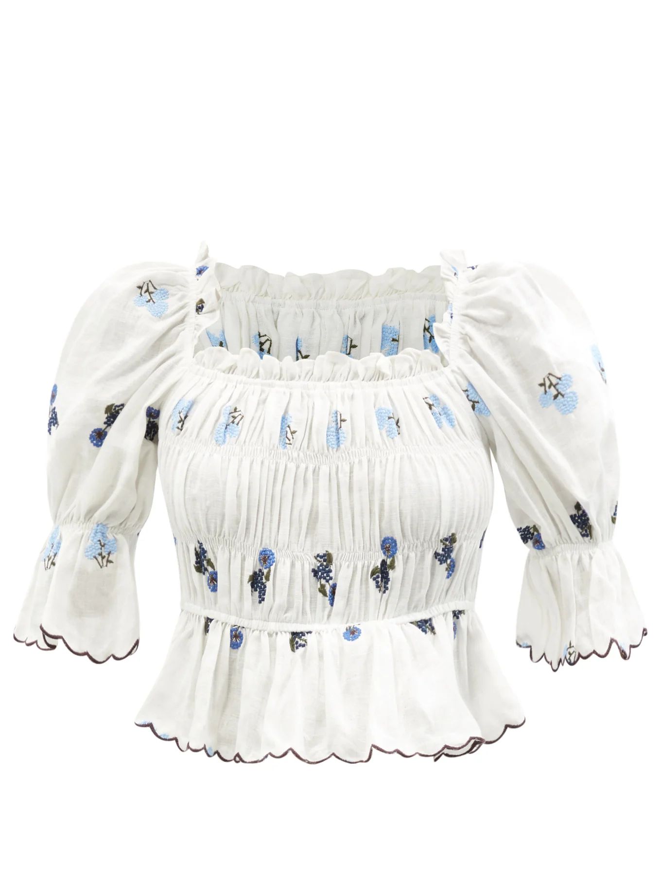 Emily floral-embroidered smocked linen top | Lug Von Siga | Matches (US)