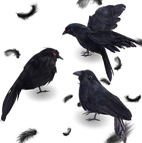 PAMASE 3 Pack Halloween Realistic Handmade Crows- Scary Black Feathered Crow Fly and Stand Halloween | Amazon (US)