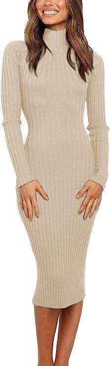 MEROKEETY Women's Ribbed Long Sleeve Sweater Dress High Neck Slim Fit Knitted Midi Dress at Amazo... | Amazon (US)