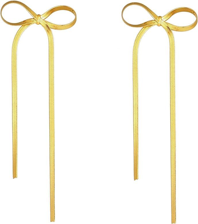Bow Earrings for Women Gold Silver Bow Dangle Drop Earrings Long Tassel Chain Bow Knot Statement ... | Amazon (US)